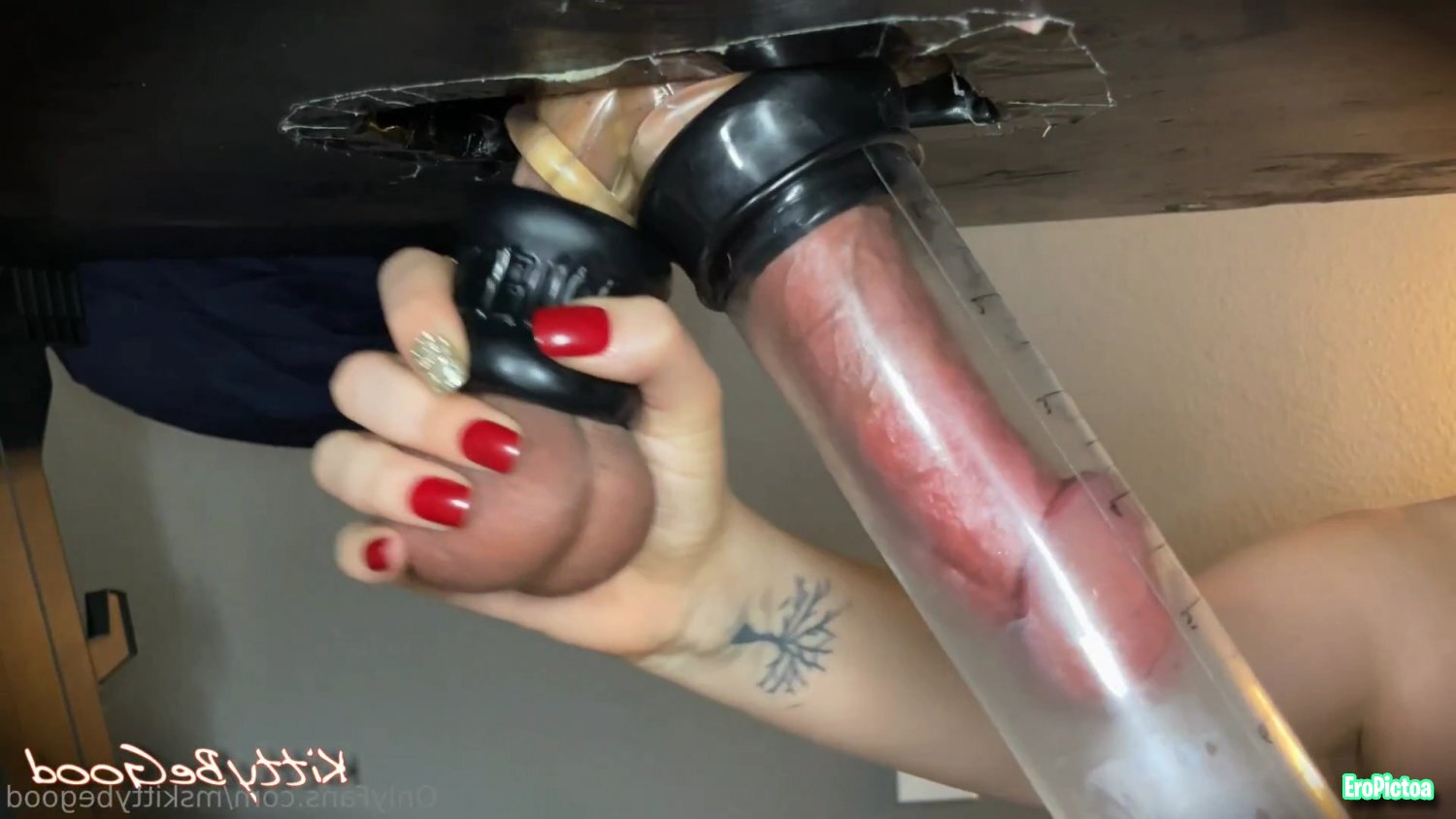 Handjob under table after penis pump session photo featuring Penis pump - Part 3